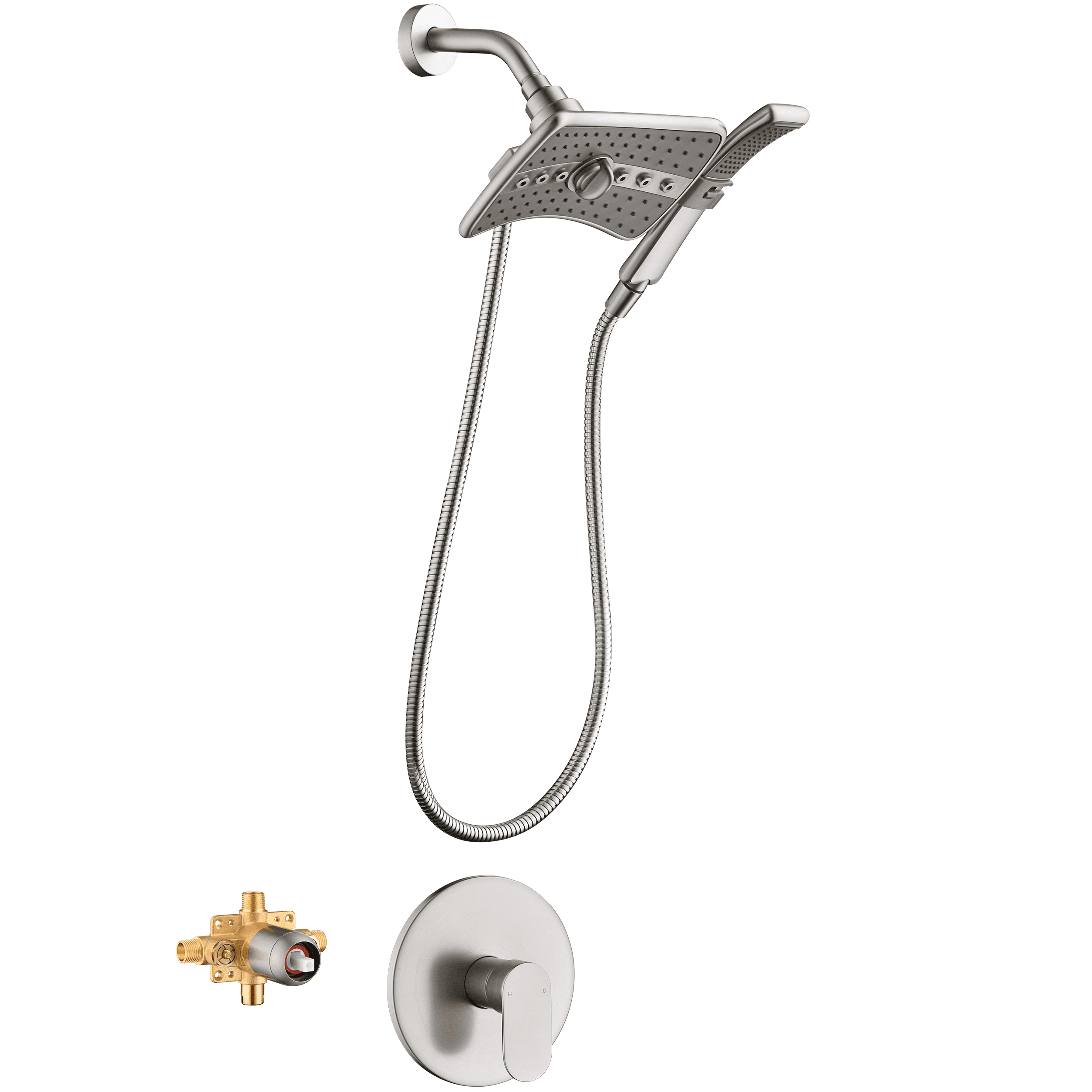 Brushed Nickel Multi-Head Rain Shower Faucet Set