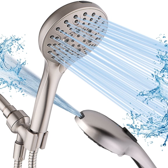 BRIGHT SHOWERS High Pressure Shower Head with Handheld, 9 Spray Settings Showerhead Built in Power Wash to Clean Tub and Pets, Extra Long 69" Hose, Adjustable Bracket, Brushed Nickel