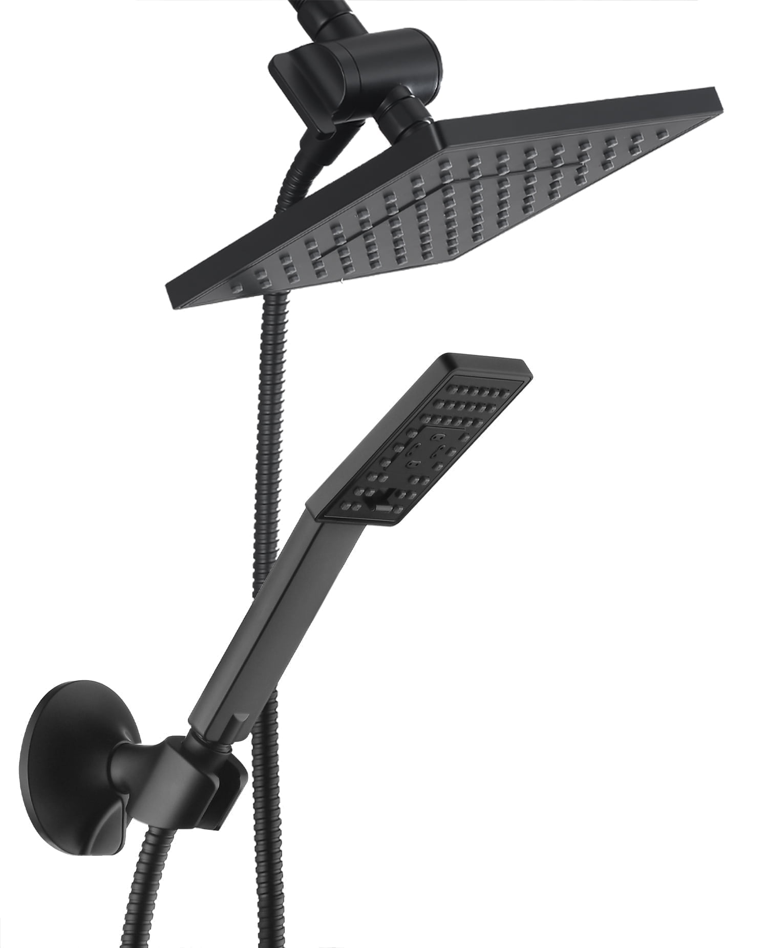 BRIGHT SHOWERS Rain Shower Head with Handheld Spray 5 ft. Shower Hose Combo Includes Wall Mount Suction Bracket 3-Way Water Diverter Mount (8 Inch Square, Matte Black)