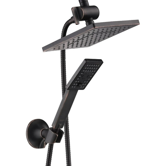 BRIGHT SHOWERS Rain Shower Head with Handheld Spray 5 ft. Shower Hose Combo Includes Wall Mount Suction Bracket 3-Way Water Diverter Mount (8 Inch Square, Oil Rubbed Bronze)
