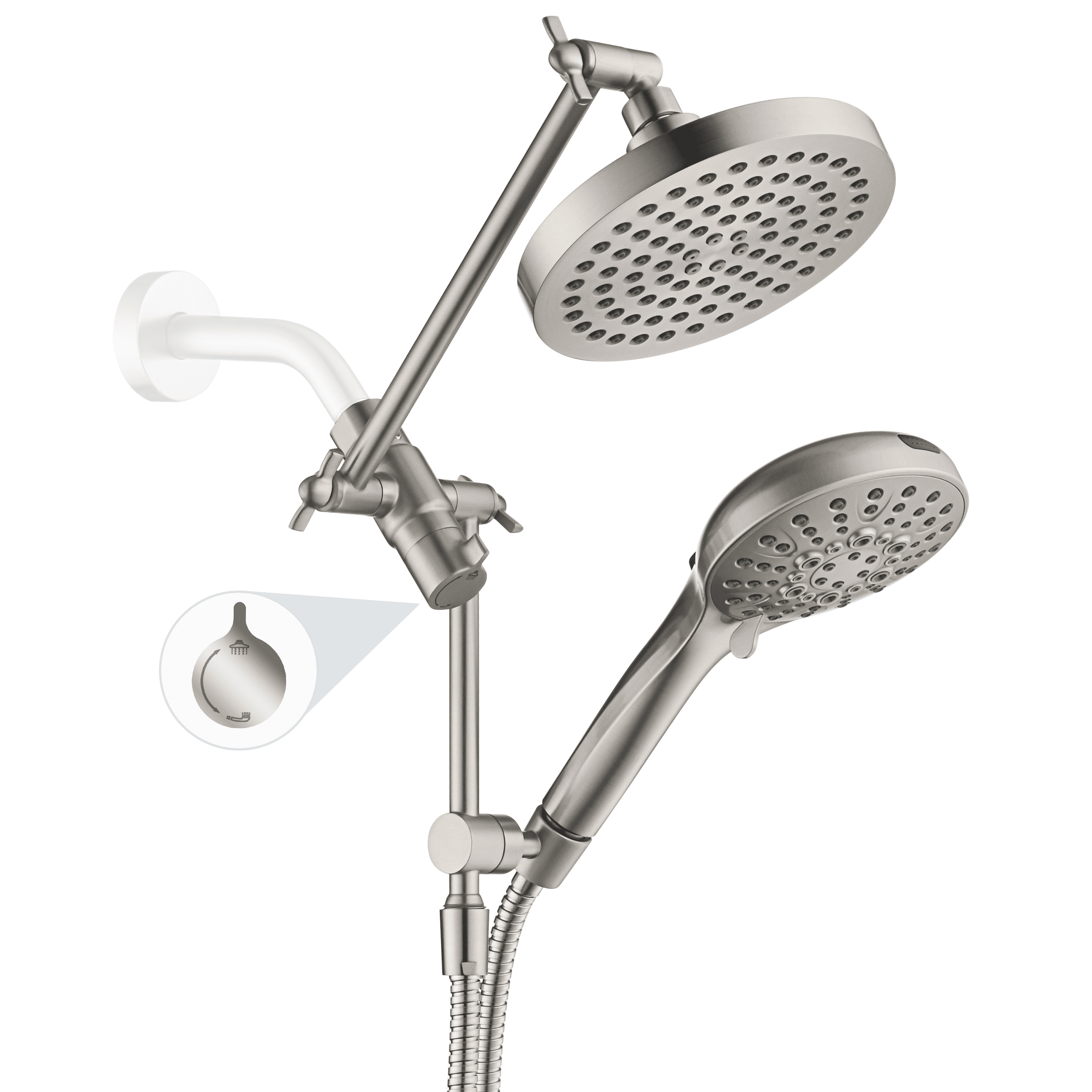 BRIGHT SHOWERS Rain Shower Head with Handheld Spray Built-in Power Wash, High Pressure Dual Shower Head with Adjustable Extension Arm, 3-Way Diverter, 9-Mode Handheld, 69” Long Hose, Brushed Nickel
