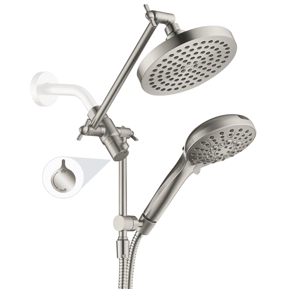 BRIGHT SHOWERS Rain Shower Head with Handheld Spray Built-in Power Wash, High Pressure Dual Shower Head with Adjustable Extension Arm, 3-Way Diverter, 9-Mode Handheld, 69” Long Hose, Brushed Nickel