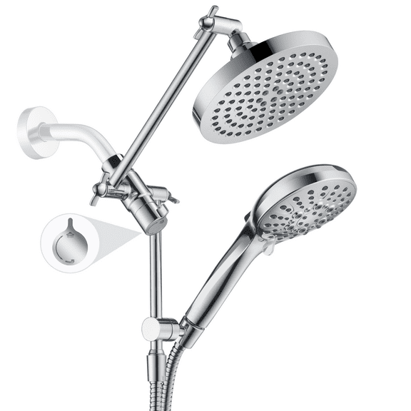 BRIGHT SHOWERS Rain Shower Head with Handheld Spray Built-in Power Wash, High Pressure Dual Shower Head with Height Adjustable Extension Arm, 3-Way Diverter, 9 Settings Handheld, 69" Hose, Chrome