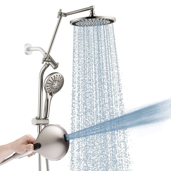 BRIGHT SHOWERS Rain Shower Head with Handheld Spray, High Pressure Dual Shower Head, Adjustable Extension Arm & Slide Bar, 9 Spray Modes Built-in Power Wash, 3-Way Diverter, 69" Hose, Brushed Nickel