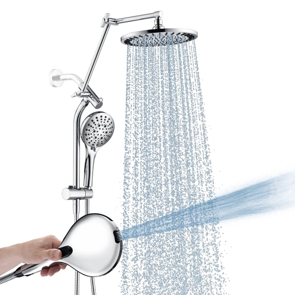 BRIGHT SHOWERS Rain Shower Head with Handheld Spray, High Pressure Dual Shower Head Combo, Adjustable Extension Arm & Slide Bar, 9 Spray Modes Built-in Power Wash, 3-Way Diverter, 69" Hose, Chrome