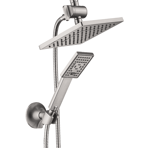 BRIGHT SHOWERS Rain Shower head with Handheld Spray 5 ft. Shower Hose Combo Includes Wall Mount Suction Bracket, 3-Way Water Diverter Mount (8 Inch Square, Brushed Nickel)