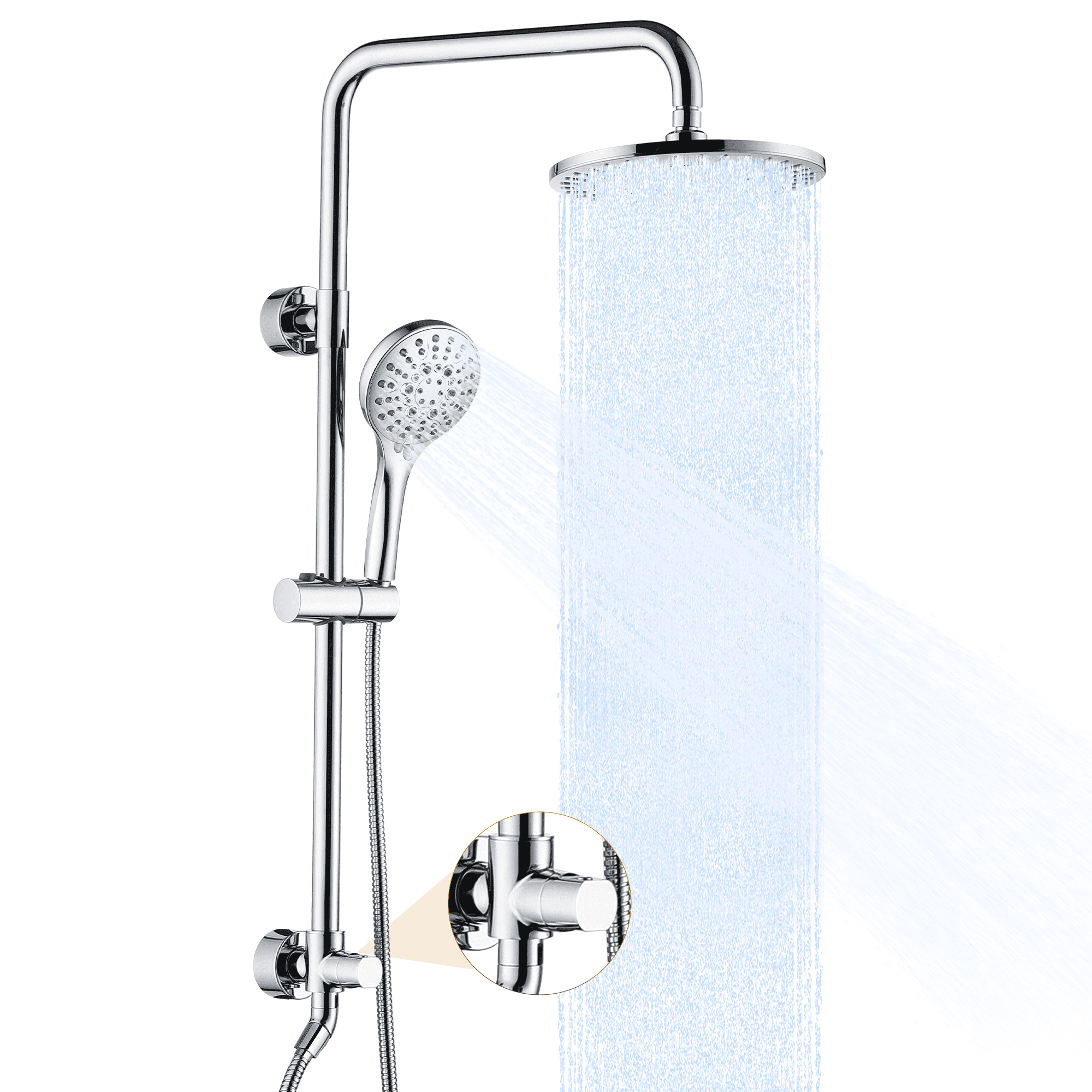 Bright Showers Rain Shower Heads System, Rainfall & Handheld Shower Combo with Height Adjustable Holder, Solid Brass Rail, 60" Long Hose, Chrome