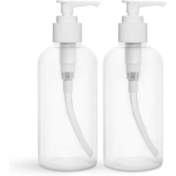 BRIGHTFROM Plastic Bottles with Pump Dispenser, 8 OZ Empty, BPA Free Refillable Containers for Body Wash, Moisturizer, Face Cream, Liquid Soap - Clear/White - 2 Pack