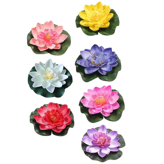 BRIGHTFUFU 7Pcs Artificial Lotus Decors Faux Water Lilies Plastic Water Surface Decor