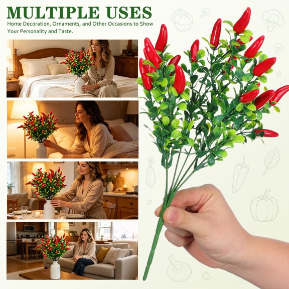BRIGHTFUFU Artificial Red Chili Pepper Plant 4pcs Fake Lifelike Simulation Plastic Leaves Decorative Peppers for Kitchen Home Decor