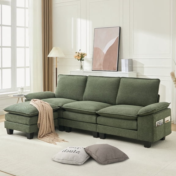 BRILHAMEZ 107" Modern L-Shaped Sectional Sofa with Movable Ottoman, 4-Seat Modular Chenille Cloud Couch for Living Room & Apartment, Green
