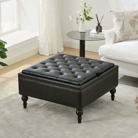 BRILHAMEZ Modern 31" PU Faux Leather Storage Ottoman with 2-in-1 Flip Top Tray, Button Tufted Nailhead Trim for Your Living Room, Black