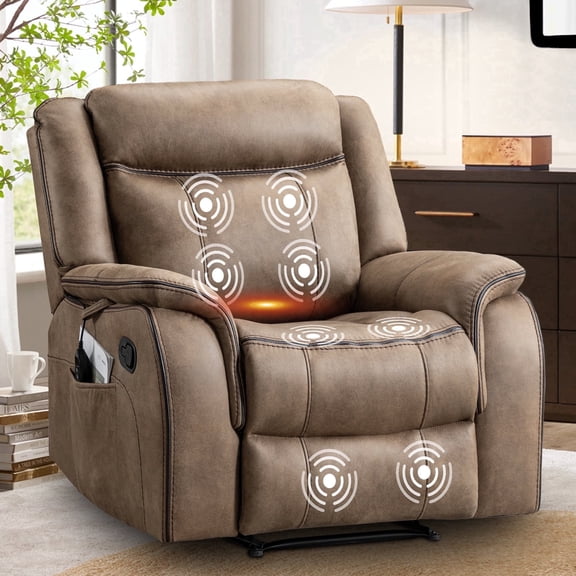 BRILHAMEZ 38" Wide Manual Massage Recliner Chair with Heat, Faux Leather Single Sofa Lounge Chair for Living Room and Bedroom, Brown