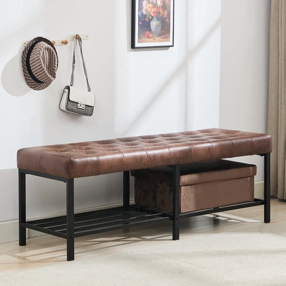 BRILHAMEZ 55" Tufted Upholstered Storage Bench, Faux Leather Entryway Shoe Bench with Metal Shelf, End of Bed Bench for Bedroom & Living Room, Dark Brown