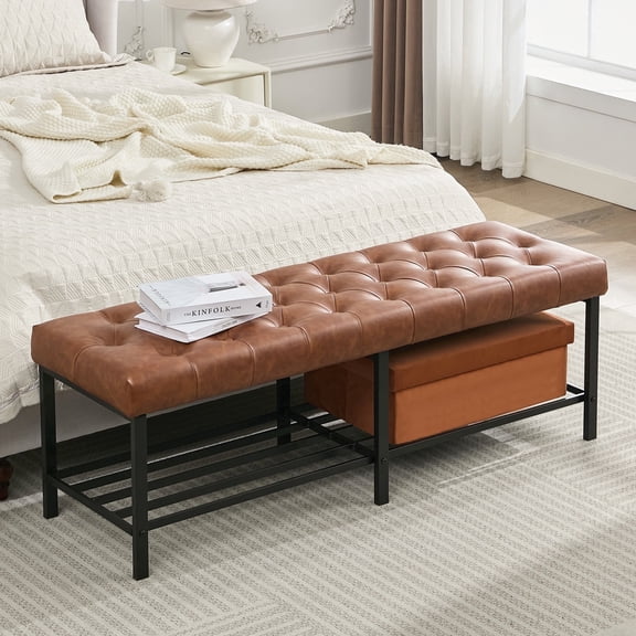 BRILHAMEZ 55" Tufted Faux Leather Storage Bench, Upholstered Entryway Shoe Organizer with Metal Shelf for Bedroom, Light Brown