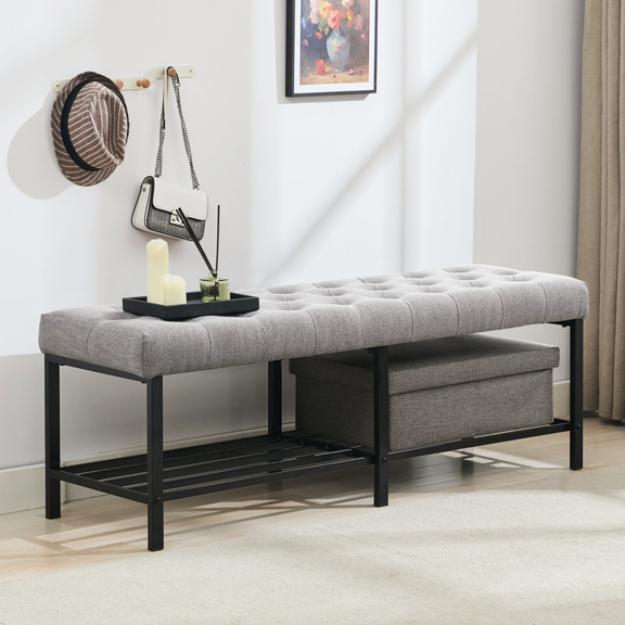 BRILHAMEZ 55"Wide Upholstered Bench Bed End Bench with Storage Box Iron Frame Shoe Bench for Bedroom Living Room Entryway