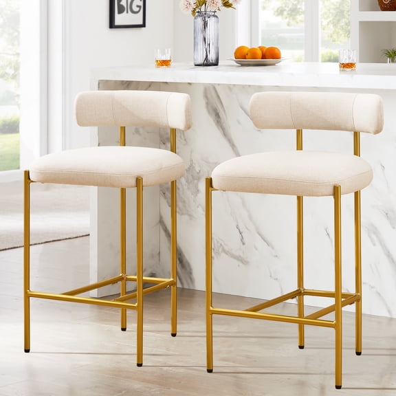 BRILHAMEZ Bar Stools Set of 2 with Backrest and Footrest Modern Gold Metal Frame Bar Stools for Kitchen Counter Bars and Cafes,Beige