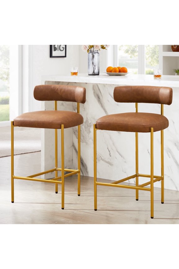 Modern Counter Height Bar Stools with Backrest, Upholstered PU Faux Leather Dining Chairs with Gold Metal Frame, Brown, Set of 2