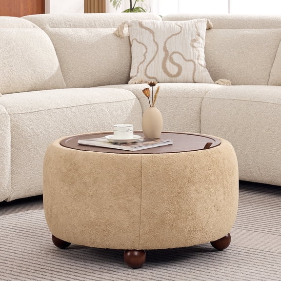 BRILHAMEZ Round Storage Ottoman with Reversible Wooden Tray, Modern Upholstered Footstool & Small Coffee Table with Hidden Compartment, Brown