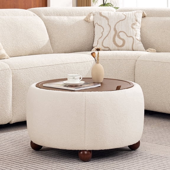 BRILHAMEZ Round Storage Ottoman with Reversible Wooden Tray, Modern Upholstered Footstool & Small Coffee Table with Hidden Compartment, White