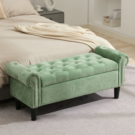 BRILHAMEZ 50" Button Tufted Storage Bench with Armrests, Upholstered Ottoman with Nailhead Trim for End of Bed, Entryway and Living Room, Green
