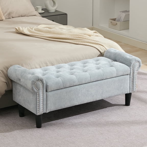 BRILHAMEZ Storage Bench with Button Tufted Upholstery Storage Ottoman Bench with Armrests for the End of the Bed,Living Room, and Entryway,Sky Blue
