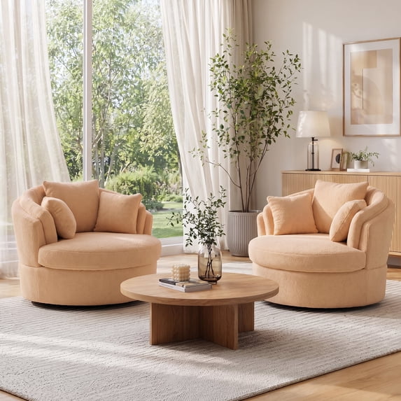 BRILHAMEZ Modern Oversized 360° Swivel Accent Chair Set of 2, Lambswool Fabric Round Cuddle Chair Single Sofa Lounge Chair for Living Room, Brown