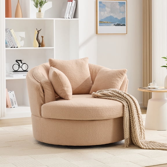 BRILHAMEZ Modern Oversized 360° Swivel Accent Chair, Lambswool Fabric Round Cuddle Chair Single Sofa Lounge Chair for Living Room, Brown