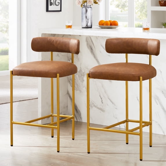 BRILHAMEZ Modern Counter Height Bar Stools with Backrest, Upholstered PU Faux Leather Dining Chairs with Gold Metal Frame, Brown, Set of 4