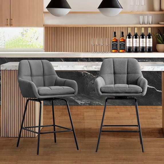 BRILHAMEZ Swivel Bar Stools Set of 2 Faux Leather 26.3 Inches High Mid-Century Barstools with Backrest,Gray