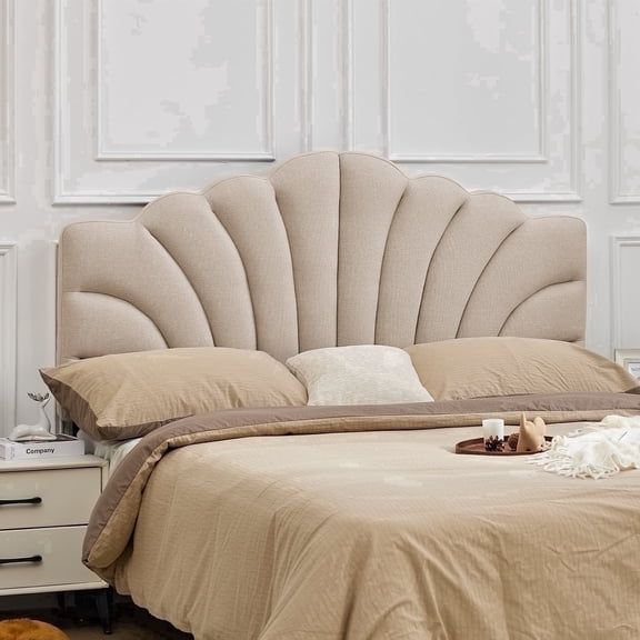 BRILHAMEZ Modern Scalloped Upholstered Full/Queen Headboard, Height & Width Adjustable Linen Fabric Petal Bed Backrest Panel for Bedroom, Khaki