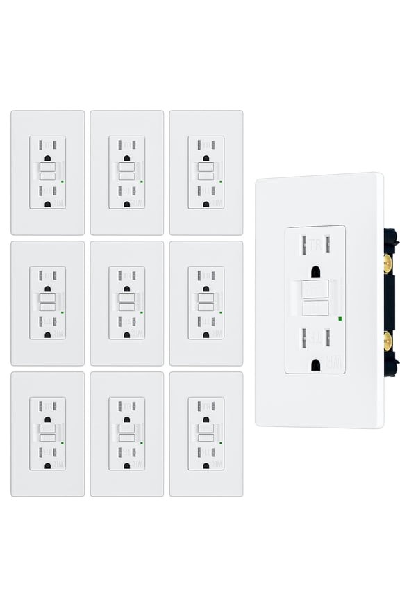 15 Amp Self-Test Slim GFCI Outlet Weather Resistant, Tamper-Resistant Receptacle with LED Indicator, Screwless Wallplate Included, UL Listed White (10PACK)