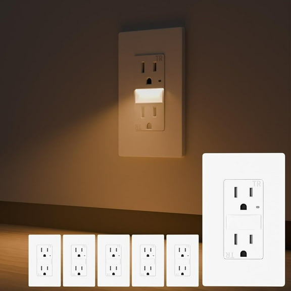BRILLTECH 15AMP Wall Outlet with Nightlight, Dusk to Dawn, Standard Electrical Outlets, 3000K Warm LED, Tamper Resistant Outlet, ETL Listed, Screwless Wall Plate Included, 6 Pack