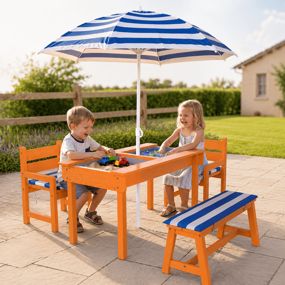 BRINJOY All in 1 Outdoor Play Center for Kids, Wooden Picnic Table and Sand Water Activity Station, Comes with Umbrella, Cushions, 2 Removable Storage Boxes and Cover for Backyard Fun