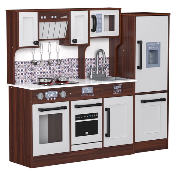 BRINJOY 2 Pieces Kids Kitchen Playset, Toddlers Wooden Play Kitchen Set, Modular Pretend Play Kitchen Large Cooking Toy w/Refrigerator, w/Light&Sound Stove Oven, Gift for Girls Boys