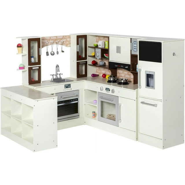 BRINJOY 3-Piece Kids Kitchen Playset, Walk-in Wooden Play Kitchen Set for Toddlers, Modular Pretend Play Kitchen w/Light&Sound, Large Corner Kitchen Cooking Toy w/Coffee Capsule, Gift for Girls Boys