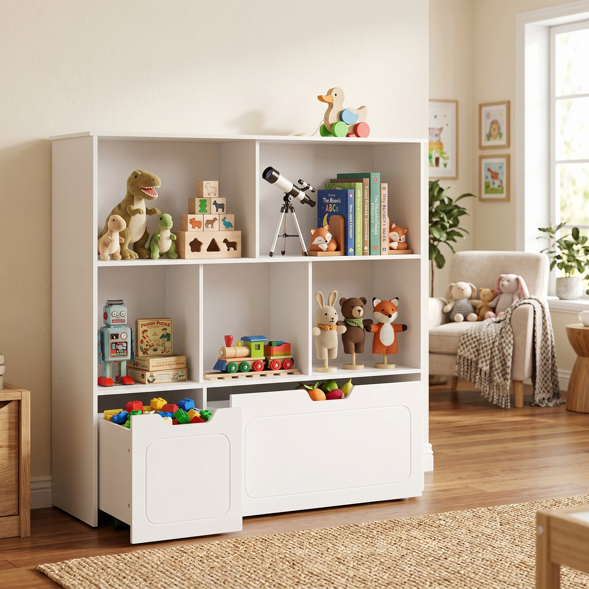 BRINJOY 3-Shelf Kids Bookcase Storage Organizer with 2 Movable Drawers