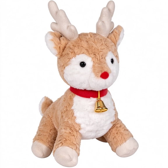 BRINJOY Cute Deer Stuffed Animal, 12.6 Inch Reindeer Fawn Plush Toy w/Bell, Red Nose, Toddlers Small Baby Deer Animal Plushie, Woodland Party Soft Toy, Gift for Kids