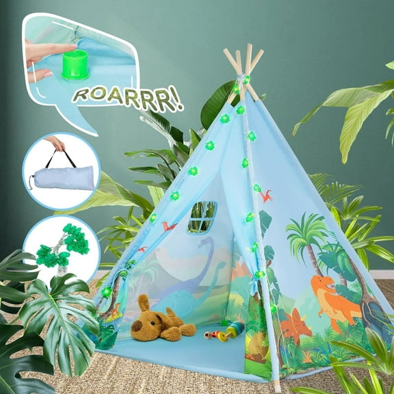 BRINJOY Dinosaur Teepee Tent for Kids, Toddlers Play Tent w/Roaring Sounds, LED String Lights, Foldable Kids Teepee Tent Toy, Indoor Outdoor Pretend Play, Playhouse Gift for Boys & Girls