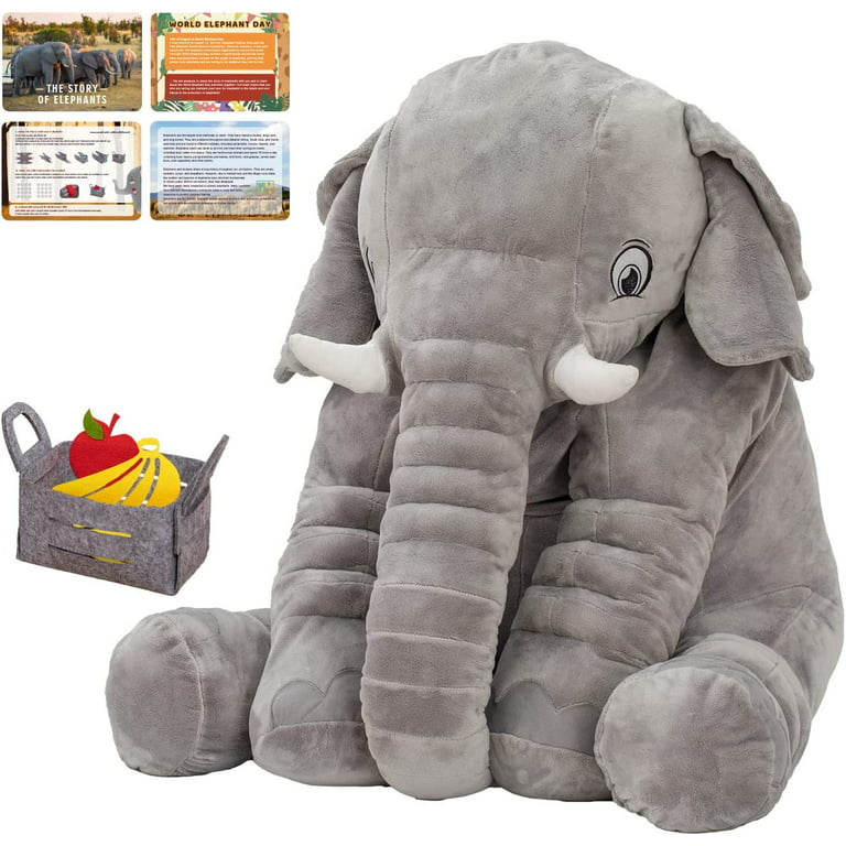 BRINJOY Giant Elephant Stuffed Animal Set, 33” Large Elephant Plush Toy  with 10 Felt Fruits & 1 Fruit Basket, Big Soft Elephant Doll for Kids  Toddlers Party Decoration, Gift for Girls Boys
