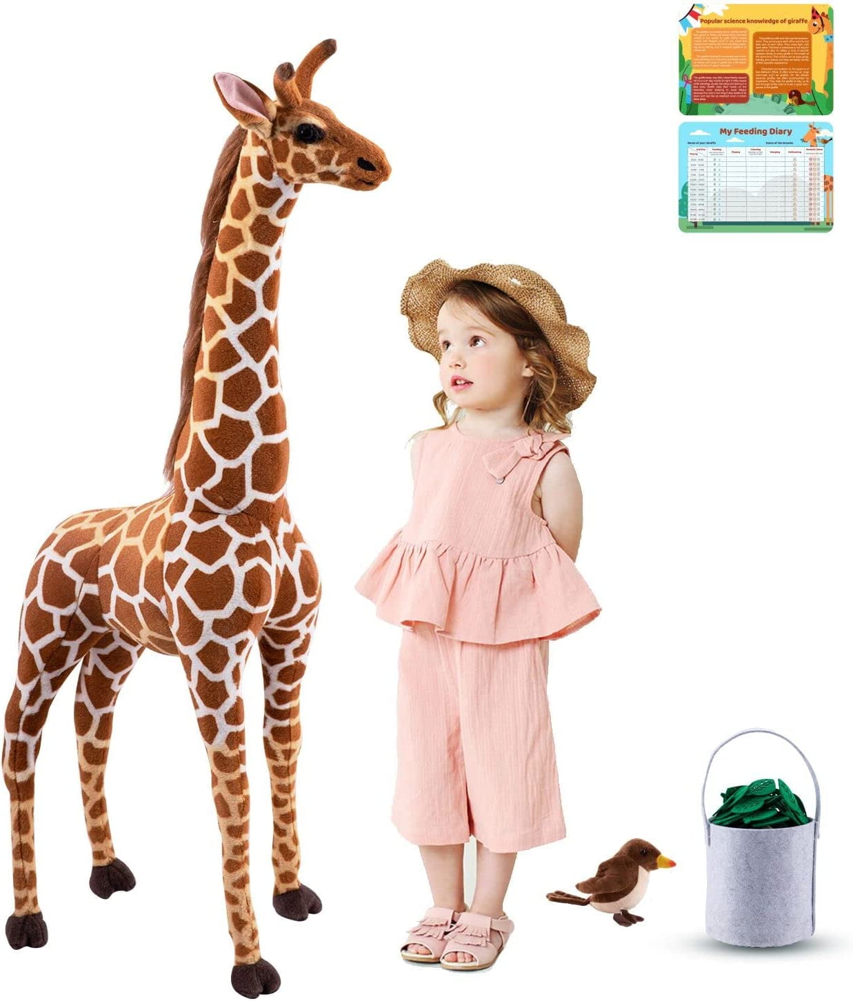 BRINJOY Giant Giraffe Stuffed Animal Set, 47 Inch Large vivid Plush Giraffe  Toy with Bird&Basket&Leaves&Card, Standing Giraffe for kids 