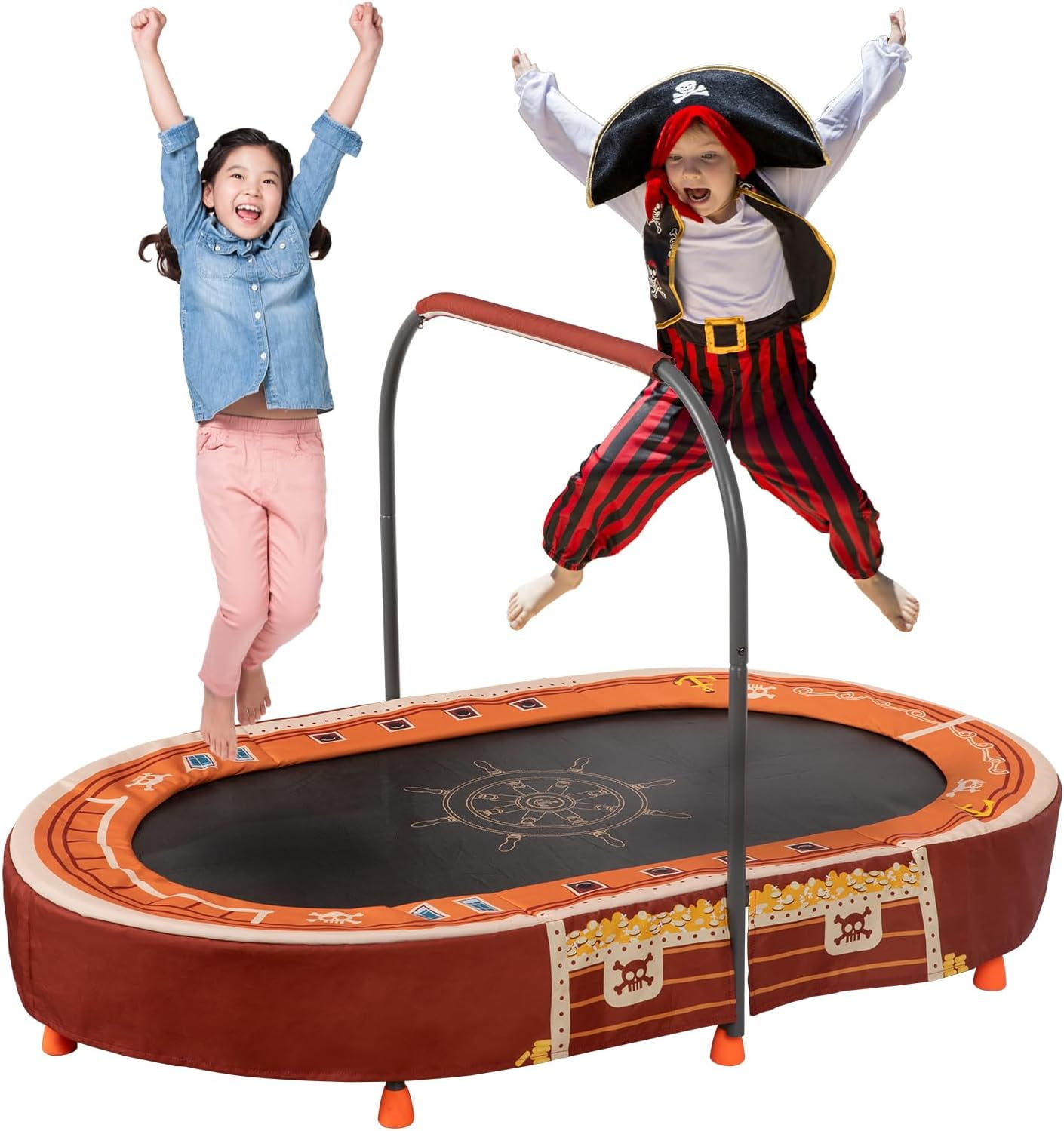 BRINJOY Kids Double Trampoline with Handle Mini Rebounder, Pink/Brown, 57.00" x 37.00" x 34.50"