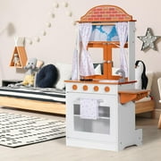 BRINJOY Kids Kitchen Playset, Double-Sided Wooden Play Kitchen for Toddlers w/Oven, Window, Play Food, Apron, Towel, 2 in 1 Realistic Pretend Play Cooking Toy Kitchen Set Gift for Girls Boys Age 3+