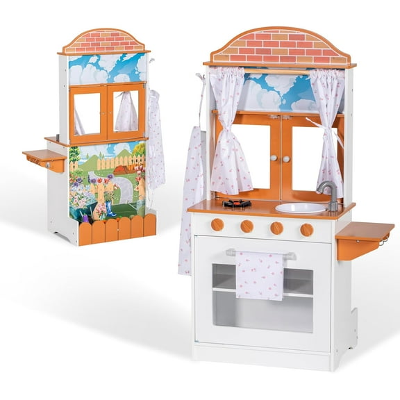 BRINJOY Kids Kitchen Playset, Double-Sided Wooden Play Kitchen for Toddlers w/Oven, Window, Play Food, Apron, Towel, 2 in 1 Realistic Pretend Play Cooking Toy Kitchen Set Gift for Girls Boys Age 3+