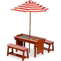 BRINJOY Kids Picnic Table with Umbrella, Outdoor Wooden Table & Bench Set w/Cushions & 2 Removable Boxes, 4-in-1 Children Sand and Water Activity Table w/Storage Cover for Patio, Garden, Backyard