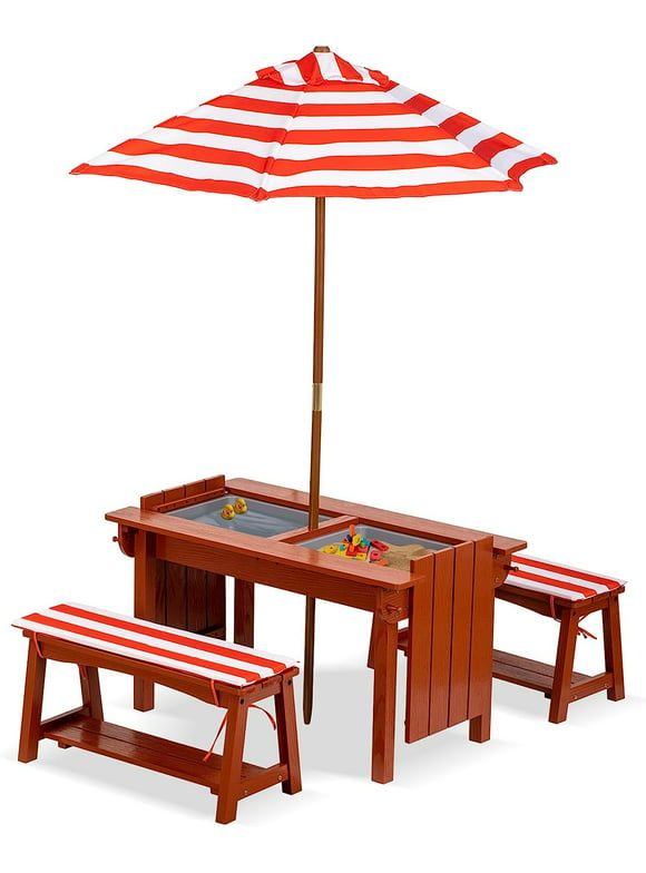 BRINJOY Kids Picnic Table with Umbrella, Outdoor Wooden Table & Bench Set w/Cushions & 2 Removable Boxes, 4-in-1 Children Sand and Water Activity Table w/Storage Cover for Patio, Garden, Backyard