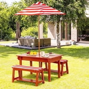 BRINJOY Kids Picnic Table with Umbrella, Outdoor Wooden Table & Bench Set w/Cushions & 2 Removable Boxes, 4-in-1 Children Sand and Water Activity Table w/Storage Cover for Patio, Garden, Backyard