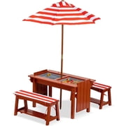BRINJOY Kids Picnic Table with Umbrella, Outdoor Wooden Table & Bench Set w/Cushions & 2 Removable Boxes, 4-in-1 Children Sand and Water Activity Table for Patio, Garden, Backyard