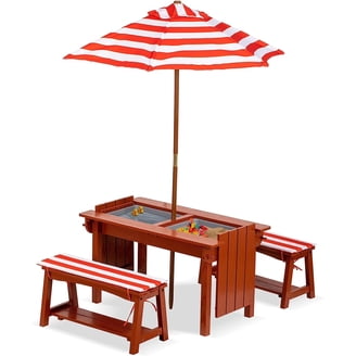 kids patio umbrella canada HONEY JOY Picnic Table, 4 in 1 Cedar Wooden Sand & Water Table w/ 3 Removable Box & Umbrella, Kids Picnic Tables for Outdoors Backyard Garden, Toddler Furniture Set and messy KOTEK Kids Picnic Table with