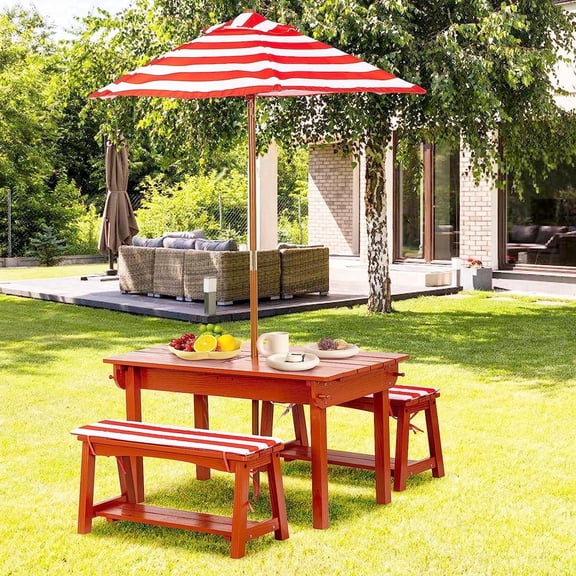 BRINJOY Kids Picnic Table with Umbrella, Outdoor Wooden Table & Bench Set w/Cushions & 2 Removable Boxes, 4-in-1 Children Sand and Water Activity Table w/Storage Cover for Patio, Garden, Backyard